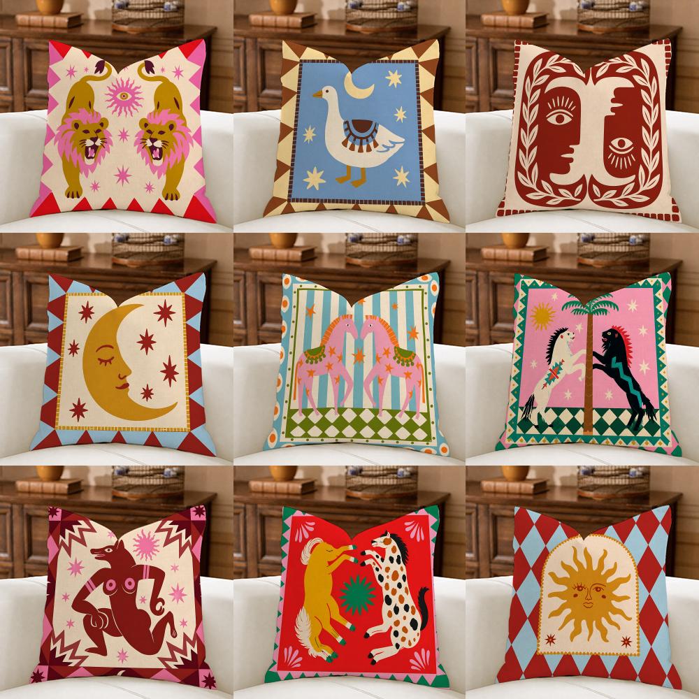 Pillow Cover 20X20 - 風変わりな日月動物クッションカバー天然通気性耐久性のあるリネンプリント装飾枕カバーソファ寝室