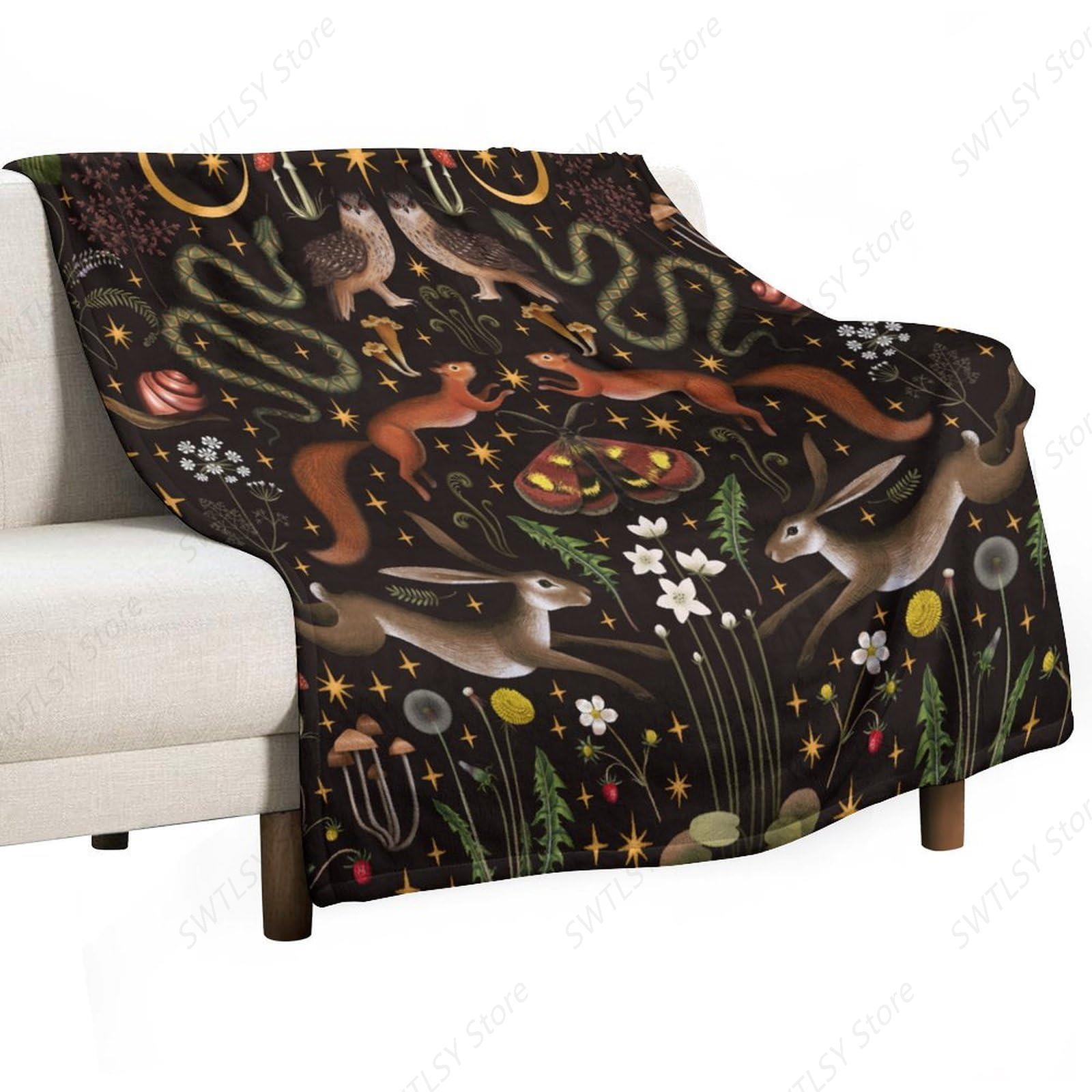 Home Landing Textiles - 素朴な森のスローブランケット、おとぎ話の森の土地、野生動物、蛾、花、月、星、ソフトフランネルブランケット、大人、子供用ベッド用