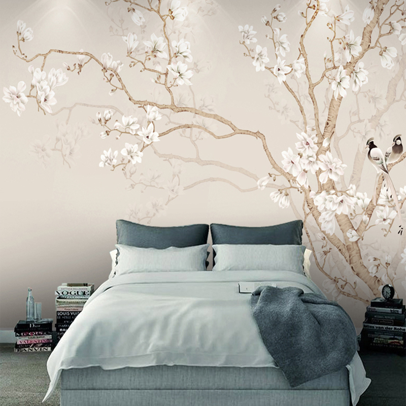 Home Textiles Photos - カスタム壁画壁紙現代中国スタイルのハンド塗装モクレンの花の鳥写真の壁紙寝室 Papel デ Parede 家の装飾