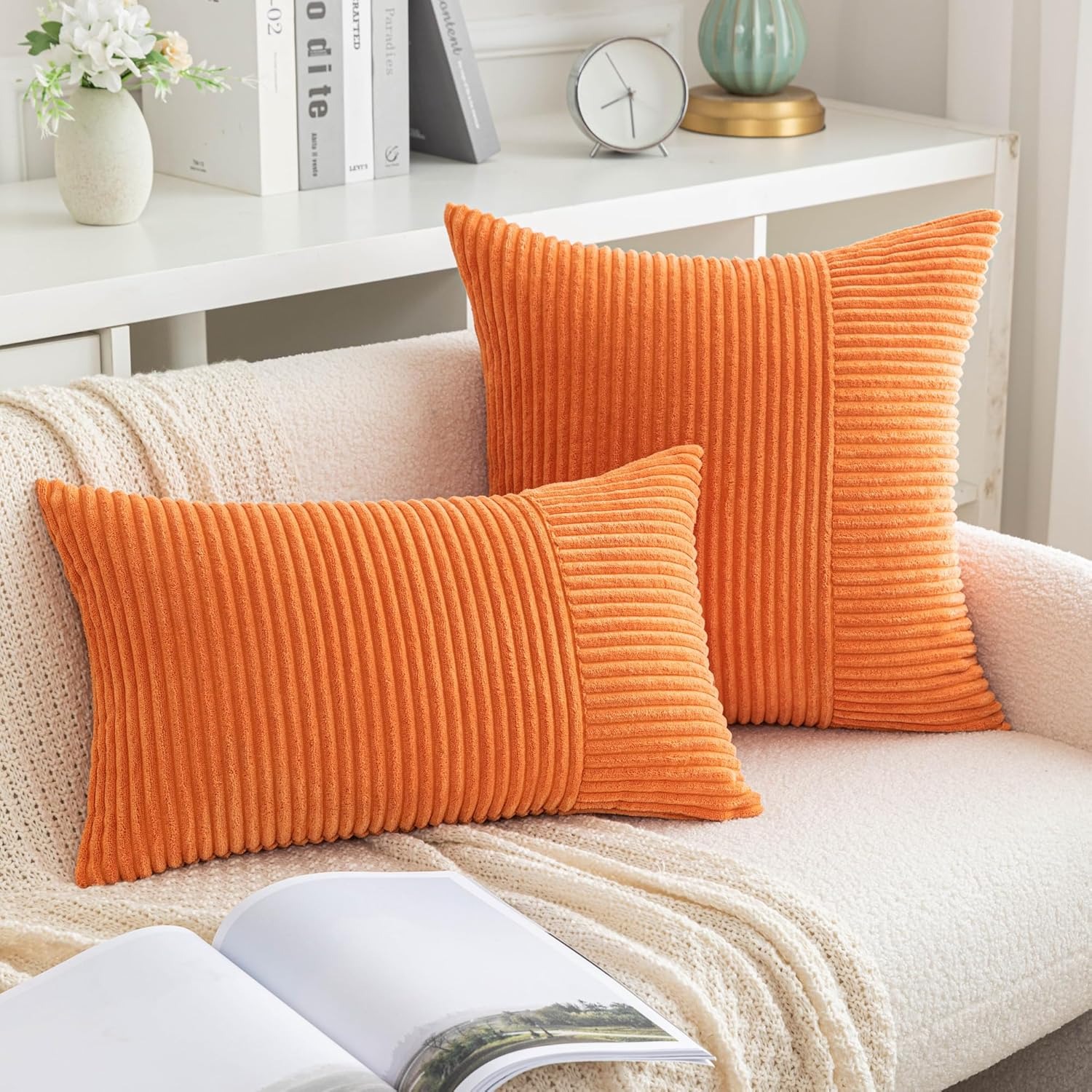 Pillow Cover 20X20 - シンプルでモダンなスタイルの枕カバー,リビングルームのクッション,オレンジのコーデュロイストライプのステッチが施された枕カバー,45x45